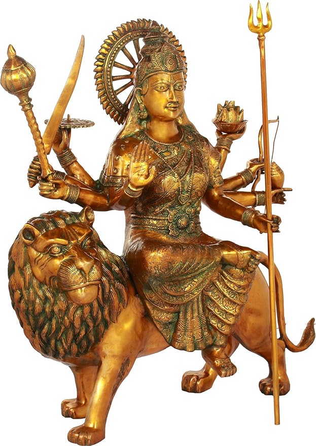 Brass Statue of Goddess Durga Seated on a Lion 35.5 inches - ArtyCraftz.com
