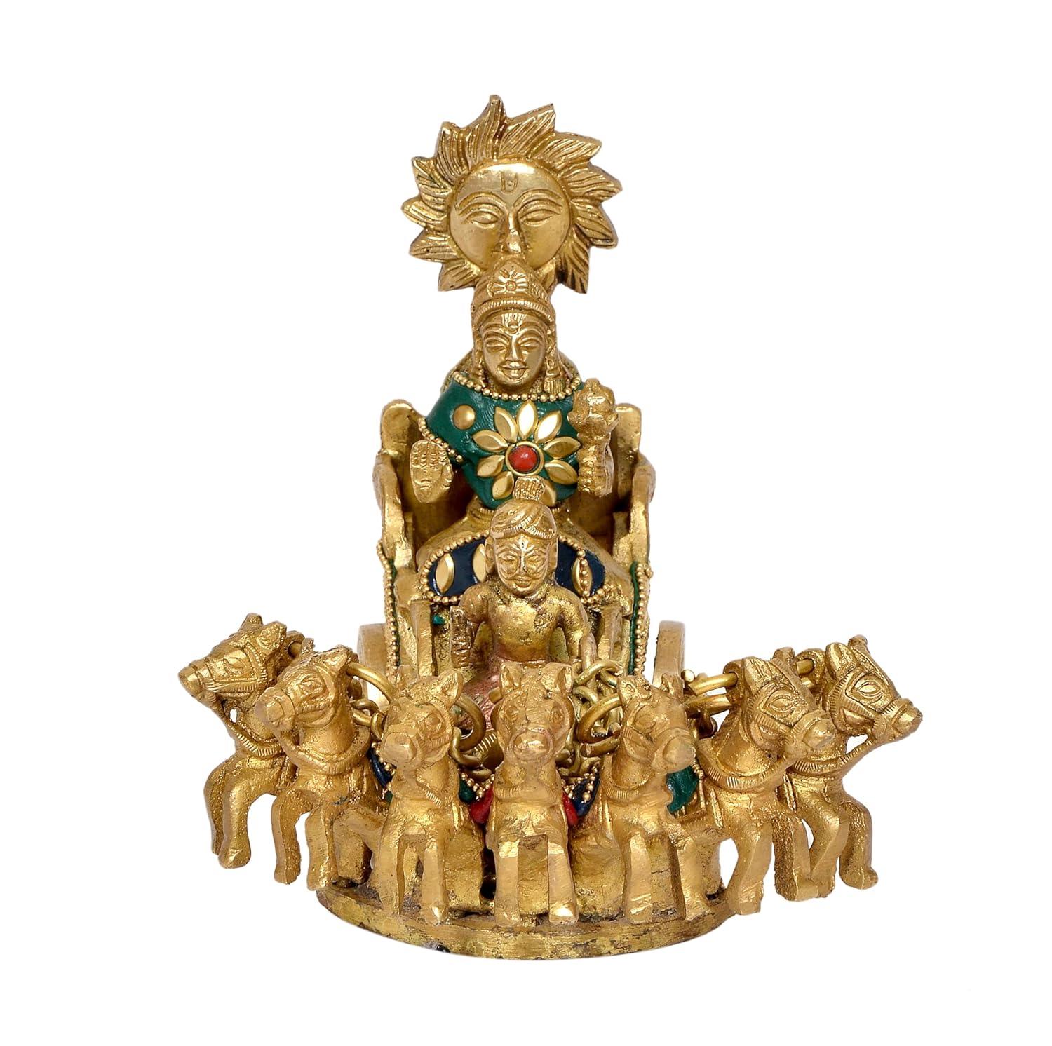 Brass Sun God Surya Dev Idol on Seven Horse Chariot-ArtyCraftz.com