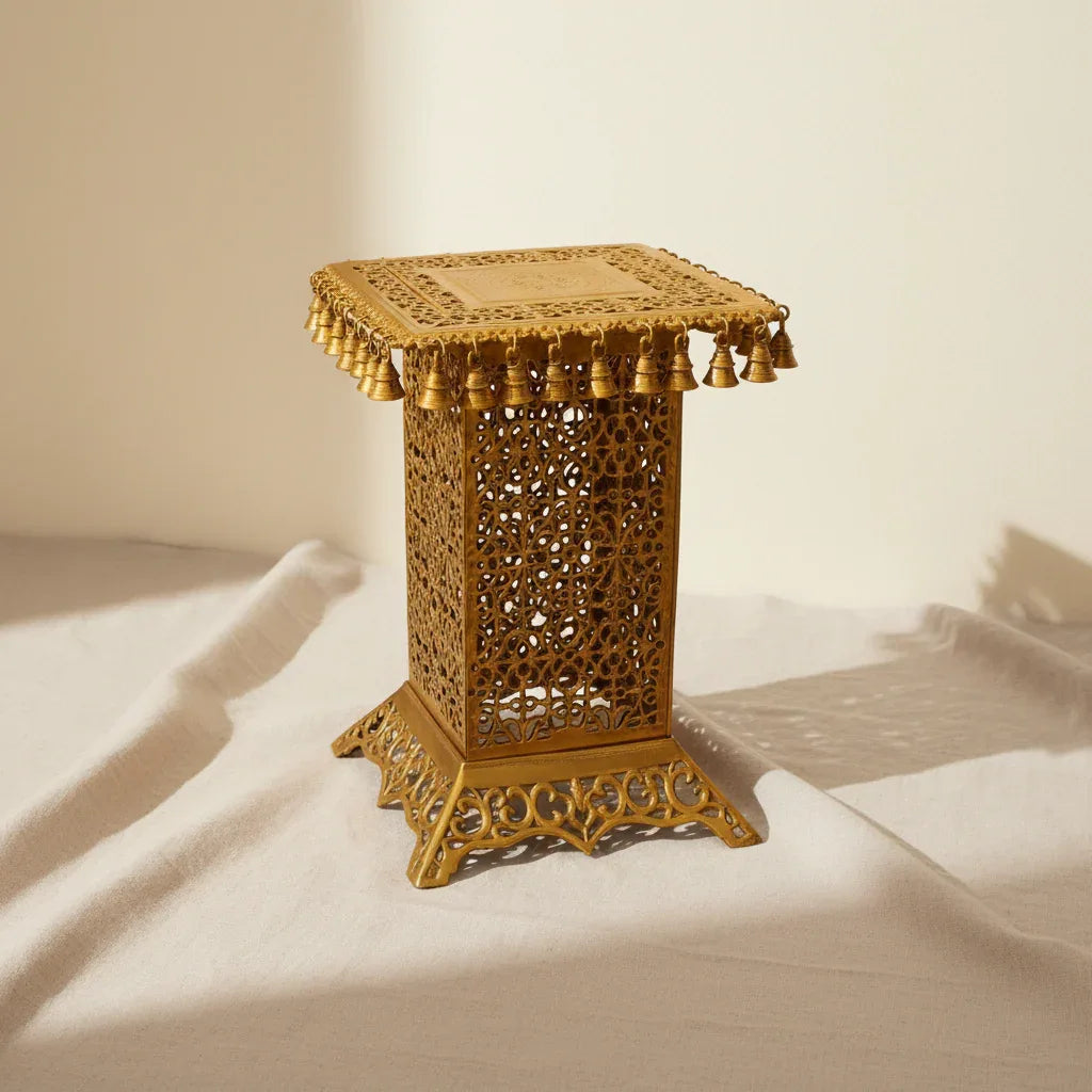 Brass Temple Pooja Chowki with Bells - ArtyCraftz.com