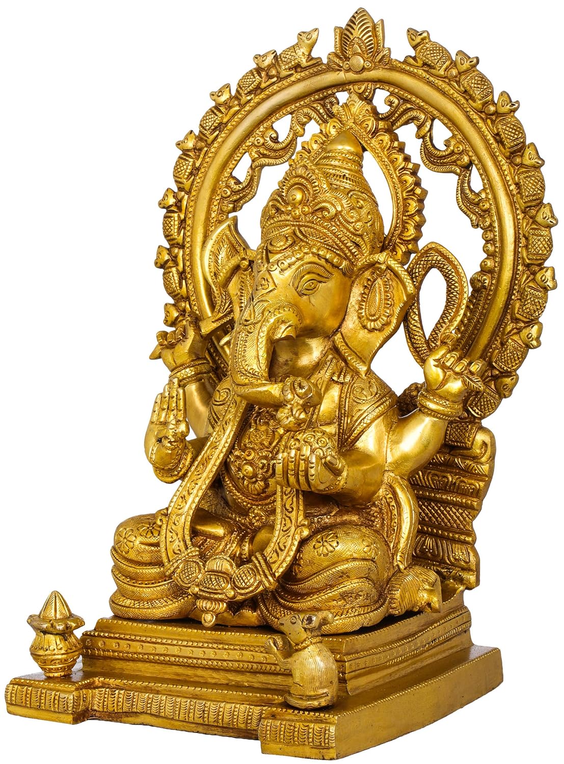 Brass Throne Ganesha with Rats Aureole Statue-ArtyCraftz.com