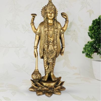 Brass Vishnu Holding Gada on Lotus Statue