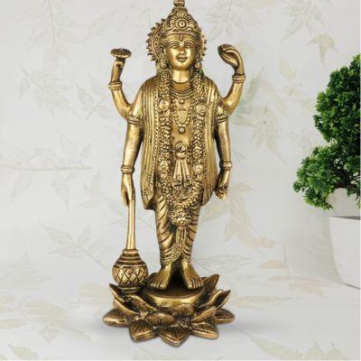 Brass Standing Vishnu Idol 9 Inch Chaturbhuj Narayan Statue with Vaijayanti Garland