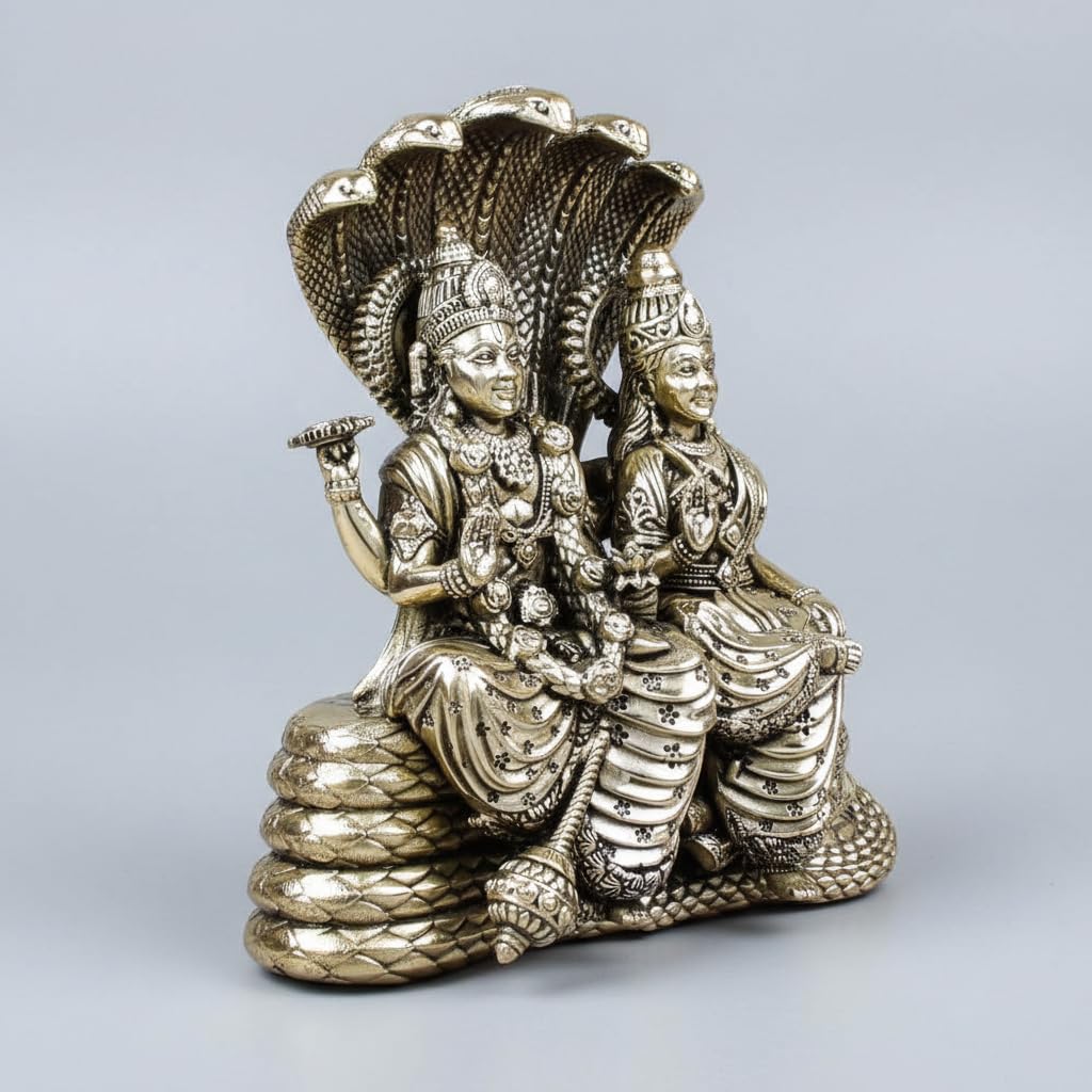 Brass Vishnu Lakshmi statue seated beneath Sheshnag-ArtyCraftz.com