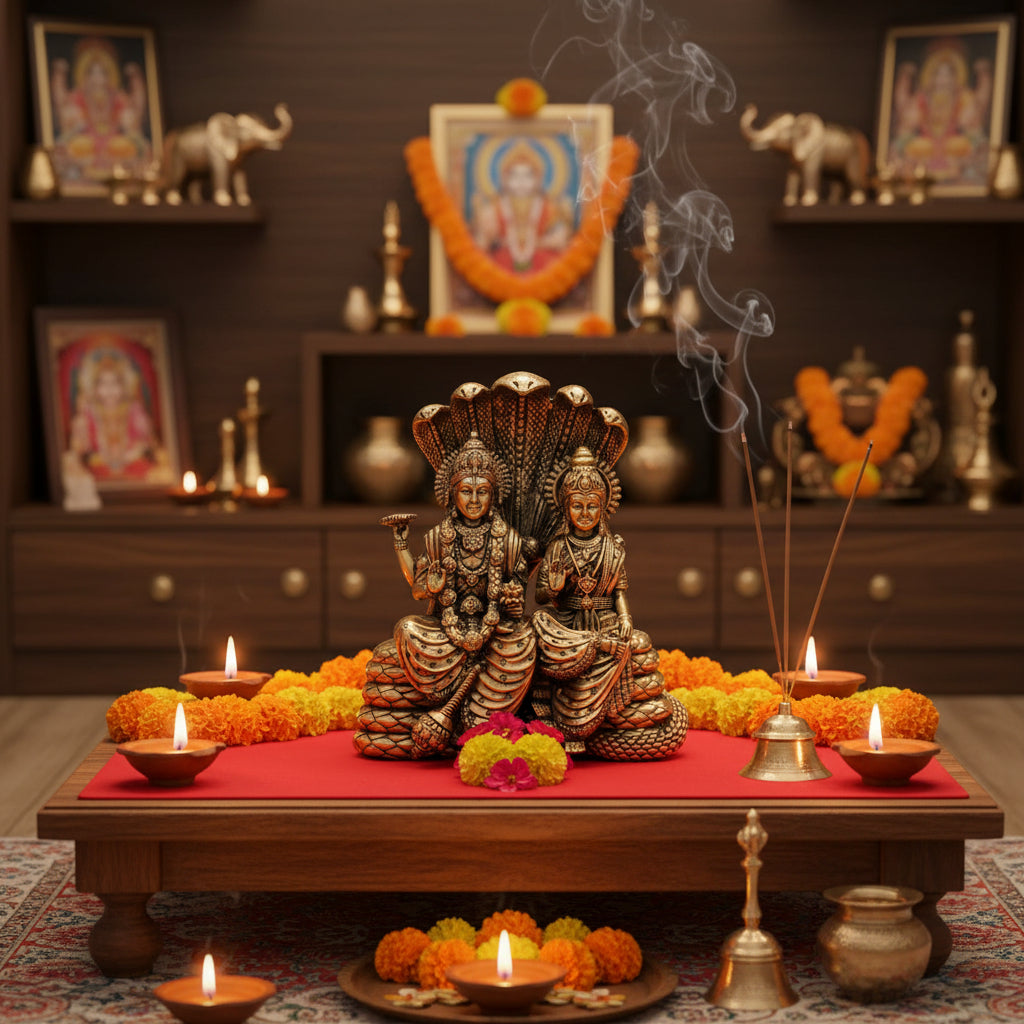 Brass Vishnu Lakshmi statue seated beneath Sheshnag-ArtyCraftz.com