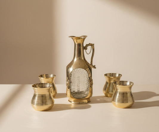 Brass and glass jug with four brass tumblers-ArtyCraftz.com