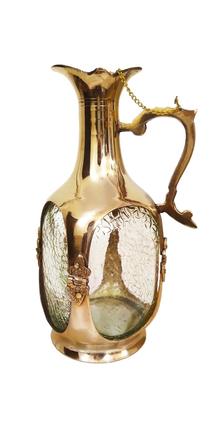 Brass and glass jug with four brass tumblers-ArtyCraftz.com