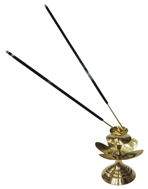 Brass lotus-shaped agarbatti stand with a silver and gold-tone finish and circular base.-artycraftz.com