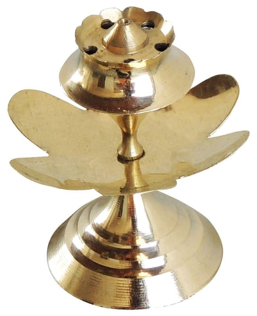 Brass lotus-shaped agarbatti stand with a silver and gold-tone finish and circular base.-artycraftz.com