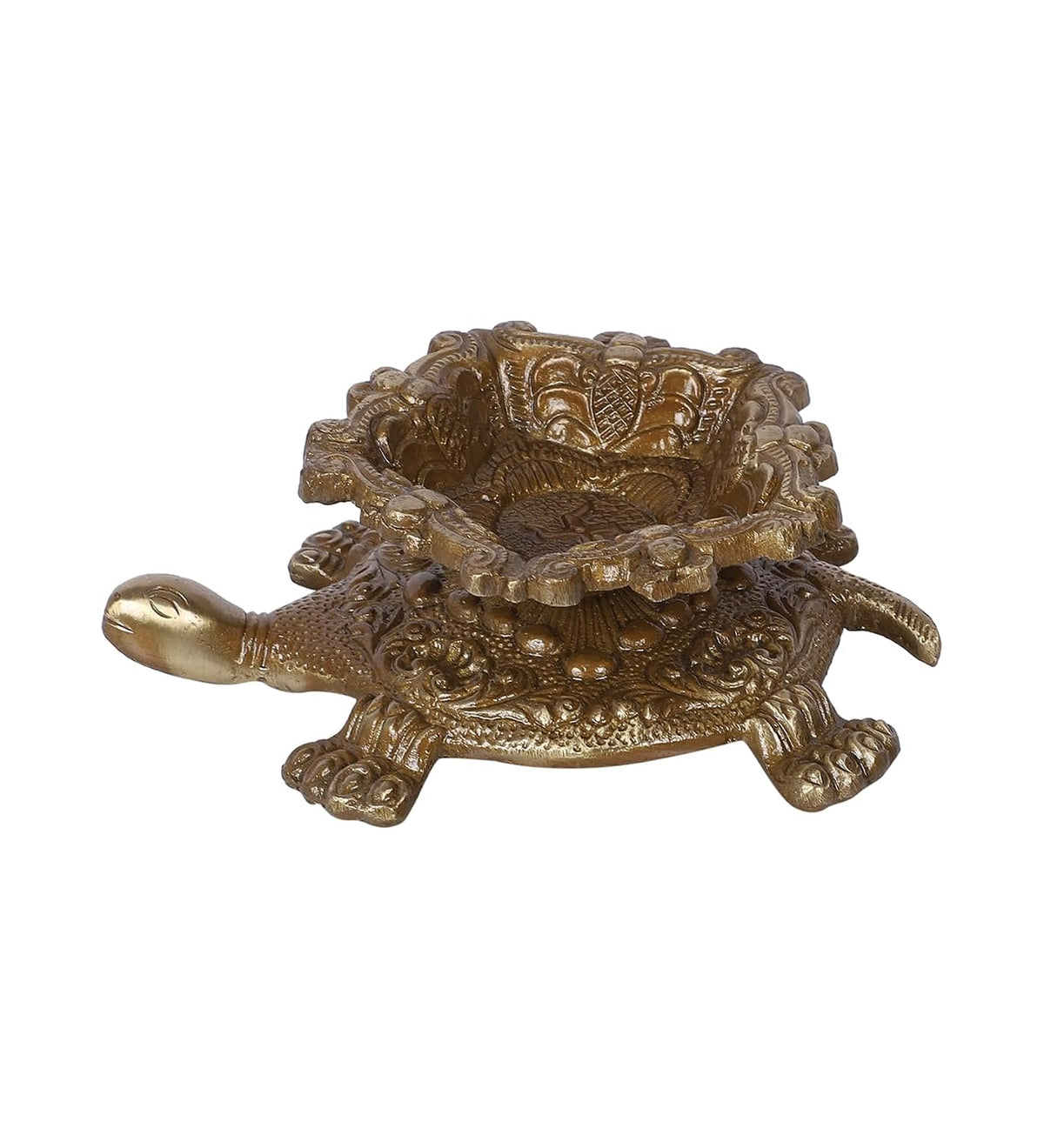 Brass tortoise diya holder with an ornate flower-shaped oil lamp bowl, measuring 5 inches long-artycraftz.com