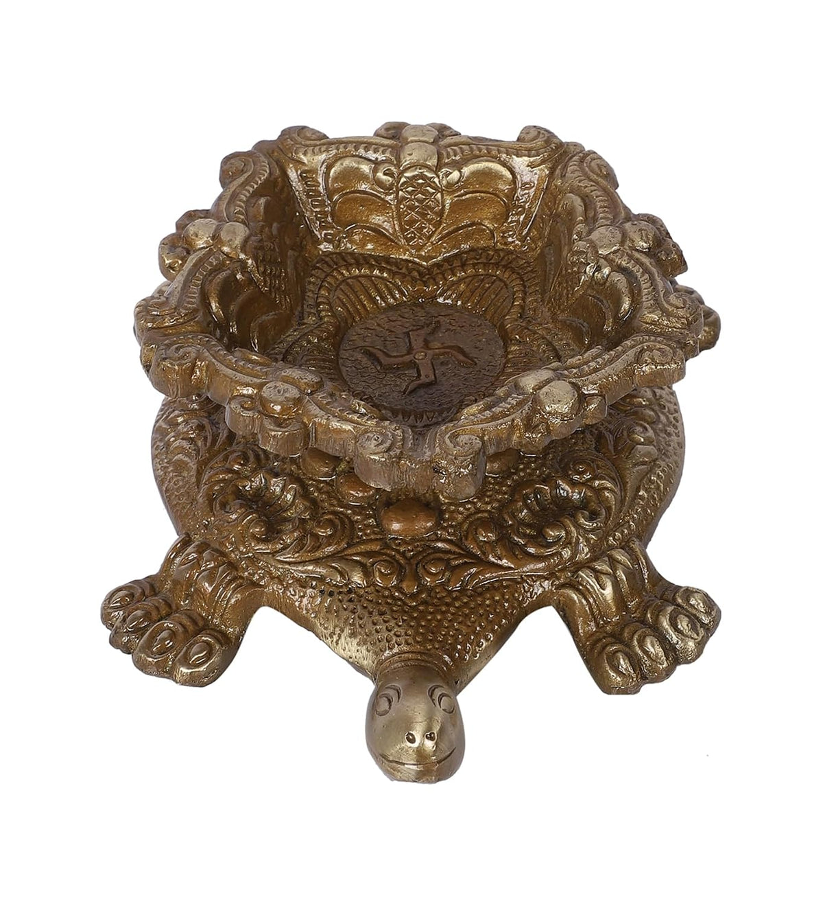 Brass tortoise diya holder with an ornate flower-shaped oil lamp bowl, measuring 5 inches long-artycraftz.com
