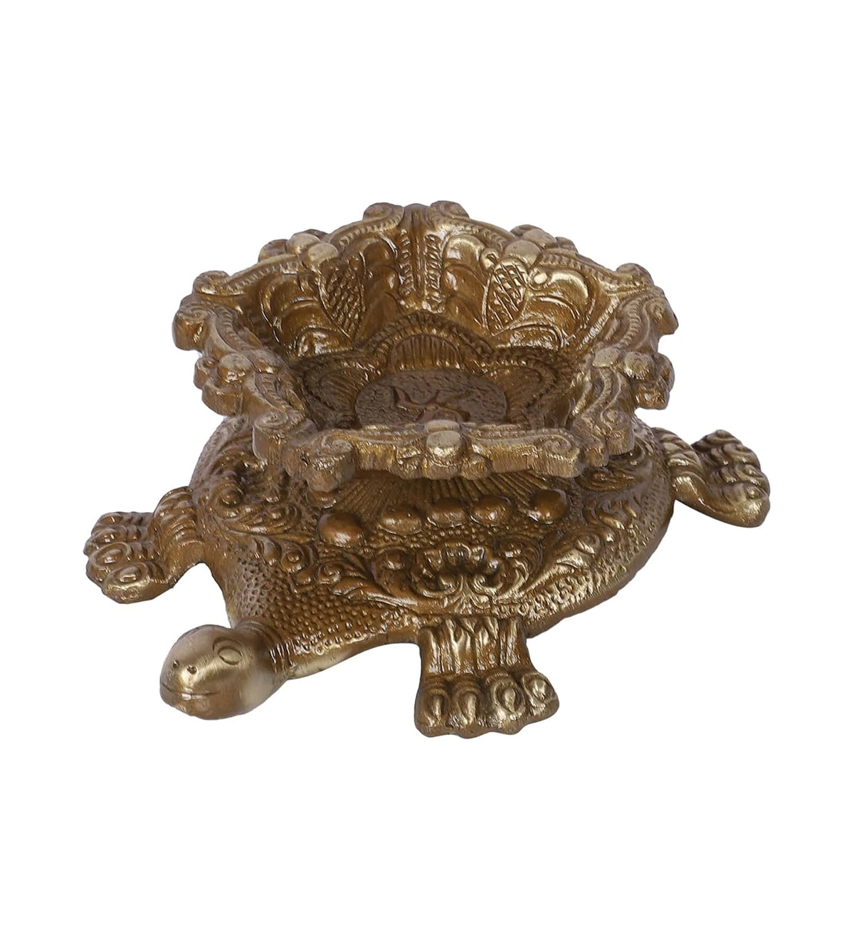 Brass tortoise diya holder with an ornate flower-shaped oil lamp bowl, measuring 5 inches long-artycraftz.com