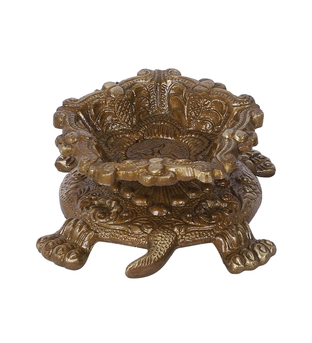Brass tortoise diya holder with an ornate flower-shaped oil lamp bowl, measuring 5 inches long-artycraftz.com