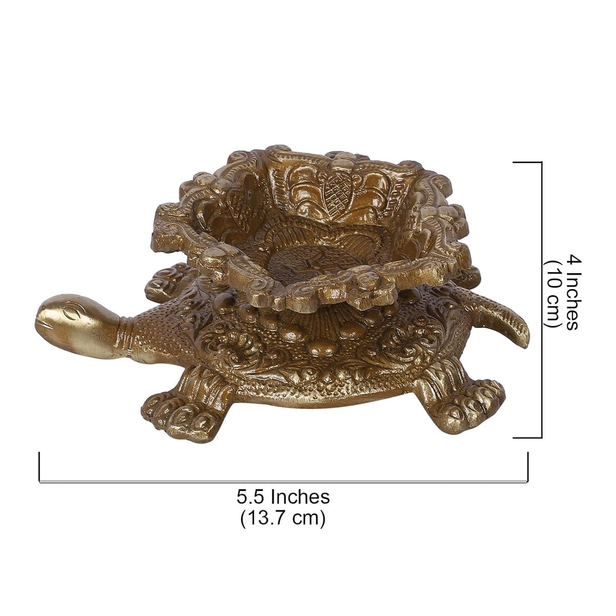 Brass tortoise diya holder with an ornate flower-shaped oil lamp bowl, measuring 5 inches long-artycraftz.com
