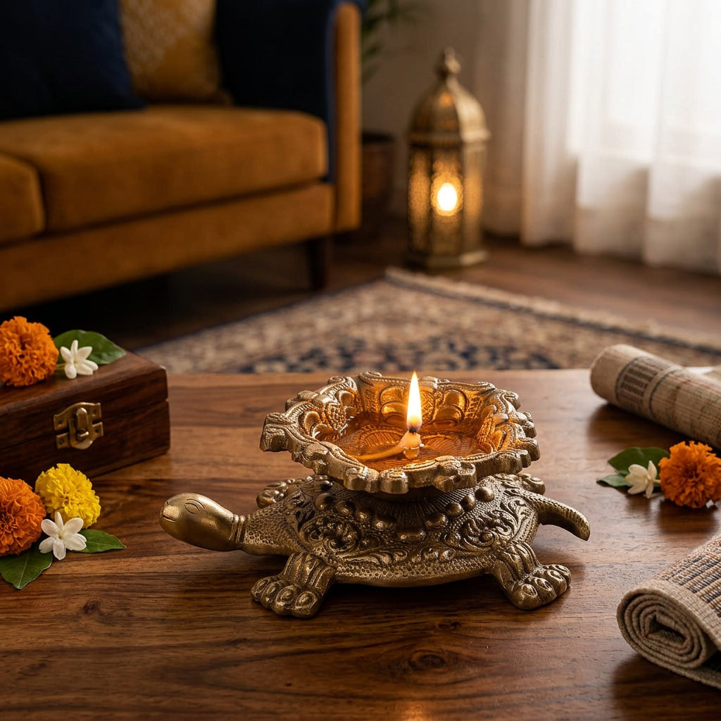 Brass tortoise diya holder with an ornate flower-shaped oil lamp bowl, measuring 5 inches long-artycraftz.com