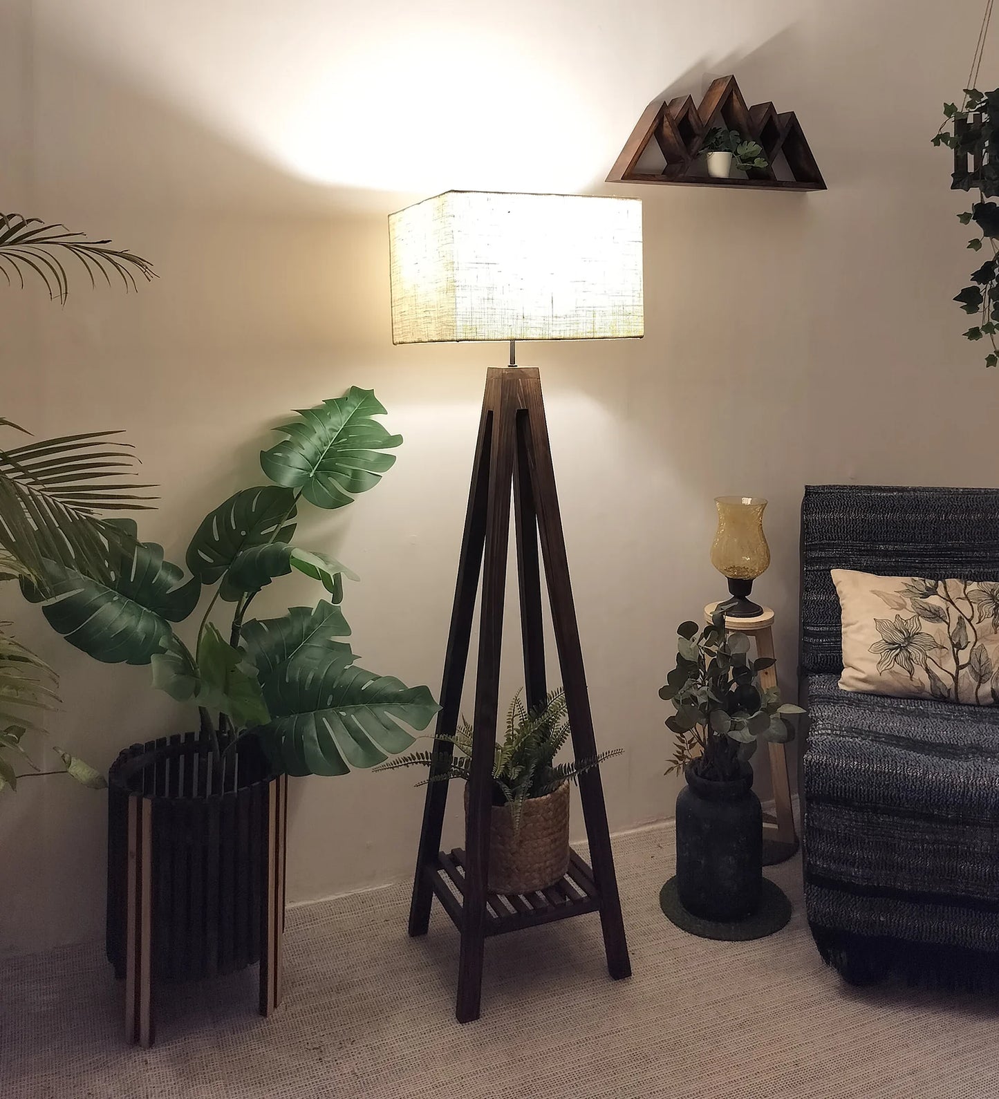 Brielle Wooden Floor Lamp with Brown Base and Beige Fabric Lampshade - ArtyCraftz.com