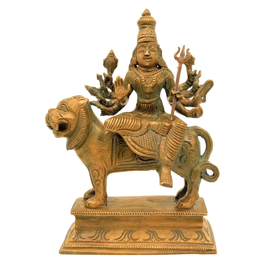 Brass Goddess Durga idol seated on lion-artycraftz.com