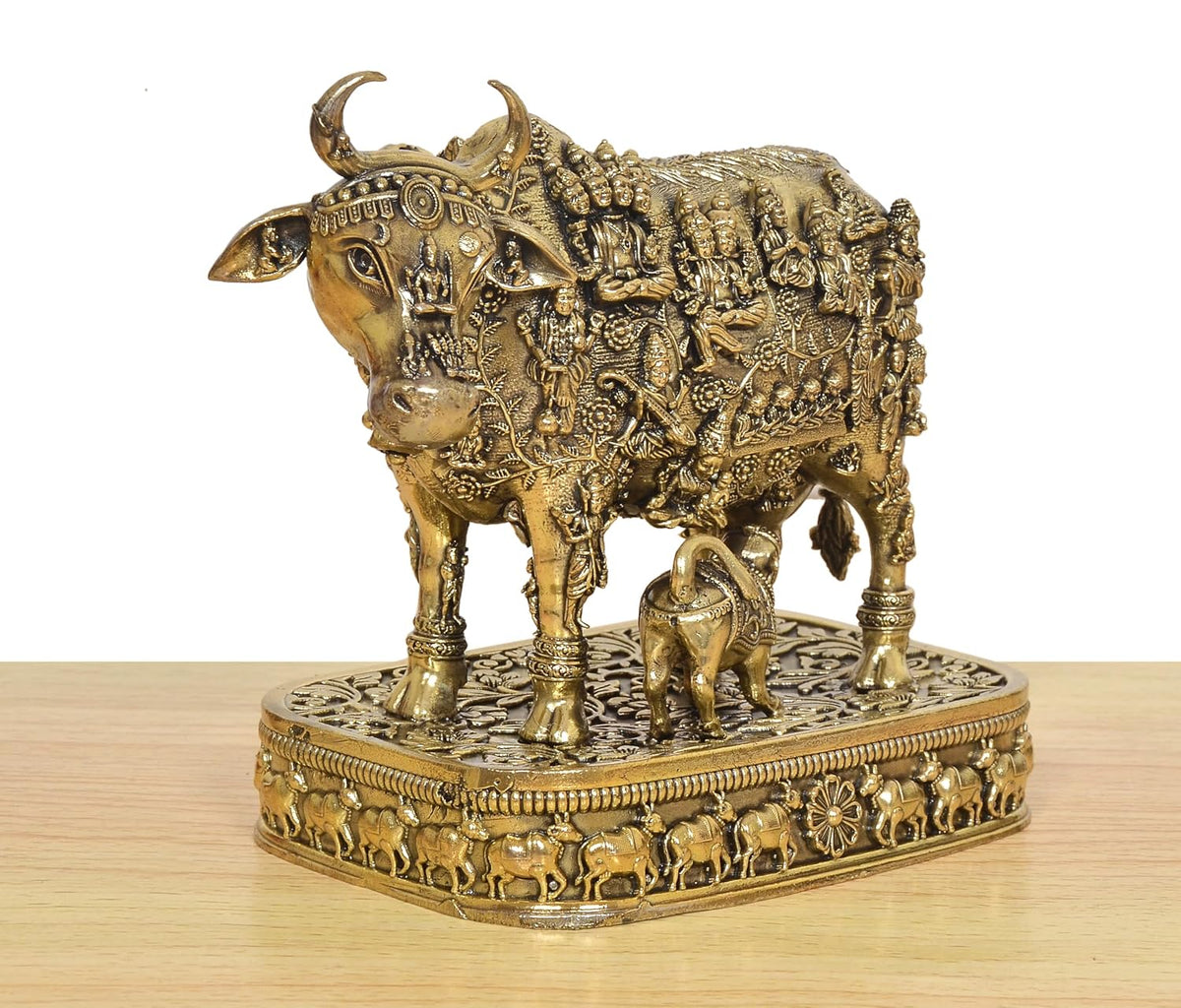 Bronze Cow and Calf Statue with Intricate Traditional Figures and Decorative Base, 4.5 Inch-artycraftz.com