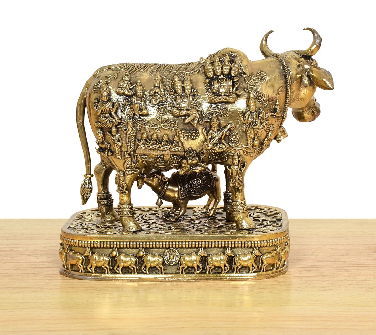 Bronze Cow and Calf Statue with Intricate Traditional Figures and Decorative Base, 4.5 Inch-artycraftz.com