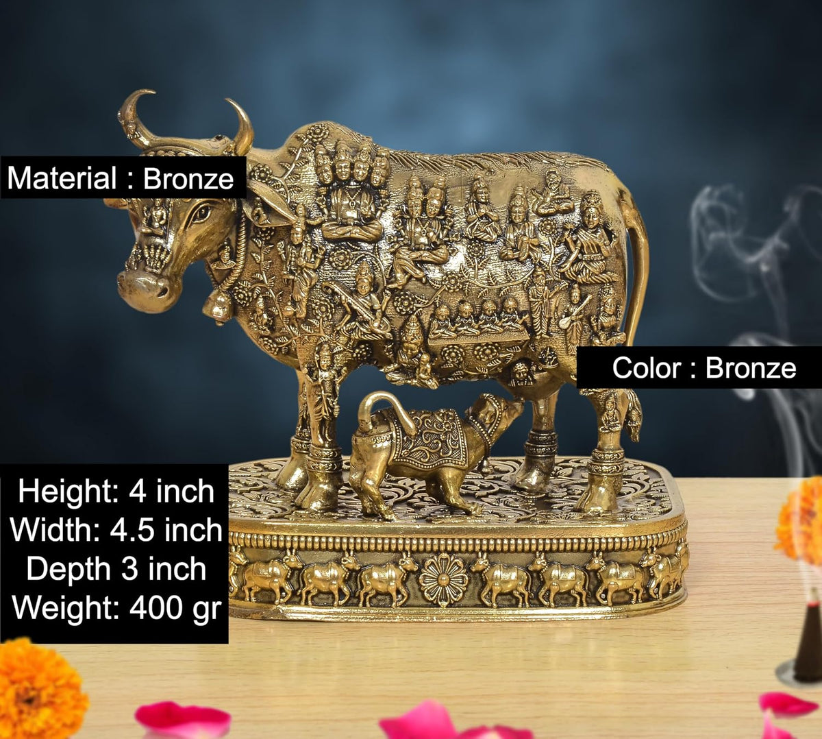 Bronze Cow and Calf Statue with Intricate Traditional Figures and Decorative Base, 4.5 Inch-artycraftz.com