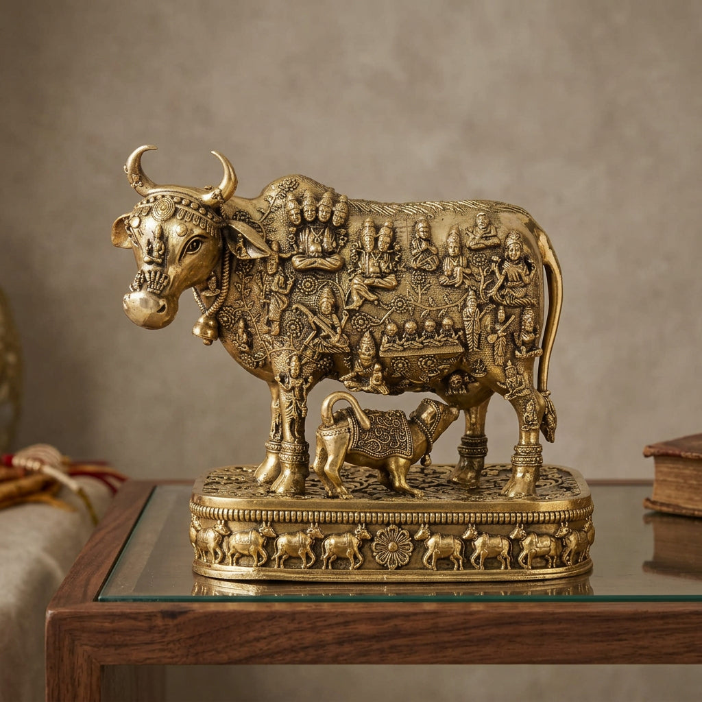 Bronze Cow and Calf Statue with Intricate Traditional Figures and Decorative Base, 4.5 Inch-artycraftz.com
