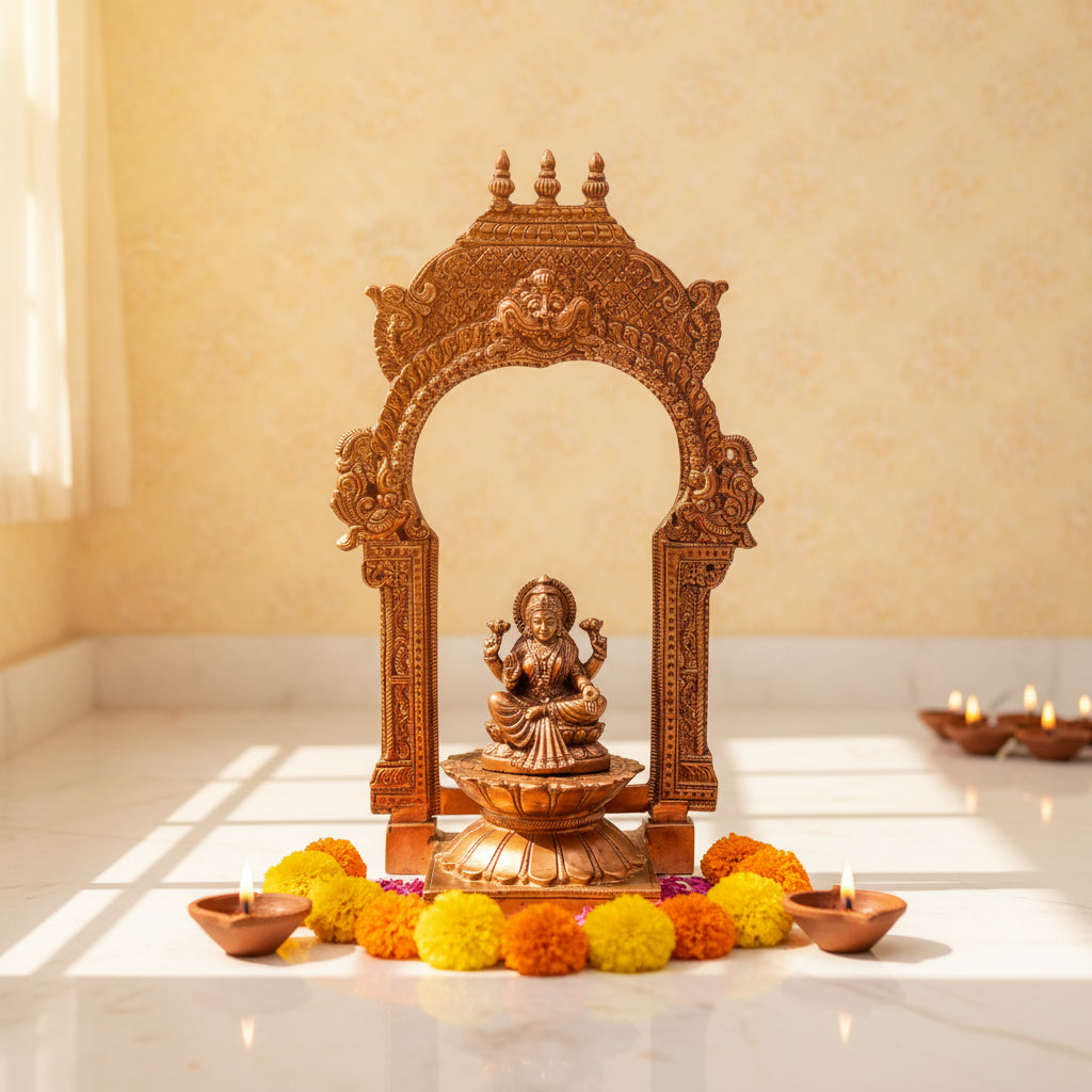 Bronze Lotus Chowki With Prabhavali, Panchaloha Kamal Peetha Stand for God Idol, Handcrafted Temple Sinhasan Bajot for Pooja Mandir Decor-ArtyCraftz.com