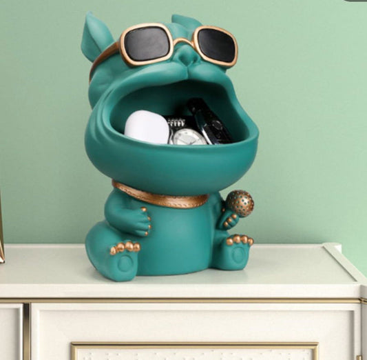 Bulldog Figurine Animal Statue Big Mouth Storage Box Dark Green Color 12 Inches - ArtyCraftz.com