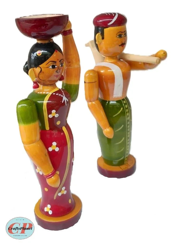 Buy Etikopaka Wooden Farmer Couple Dolls Online - Traditional Andhra Folk Art Figurine Set of 2-ArtyCraftz.com