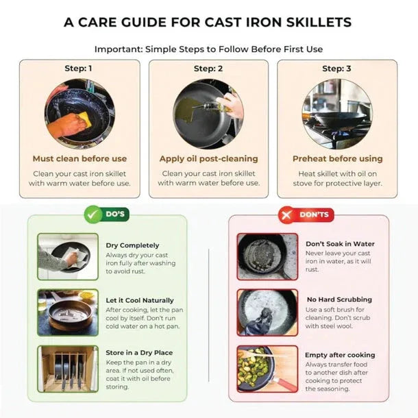 Care guide for cast iron skillets with steps and do/don'ts