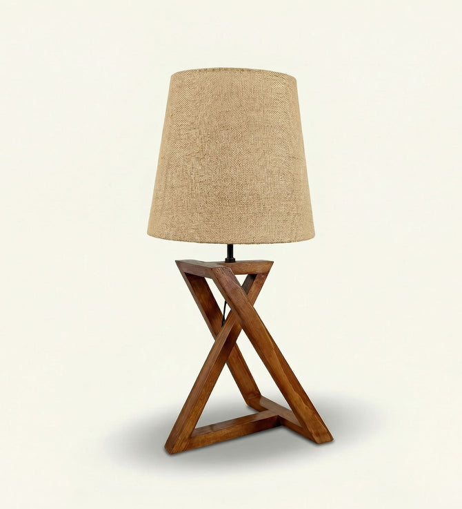 Pinewood Geometric X-Base Table Lamp with Woven Jute Shade-artycraftz.com