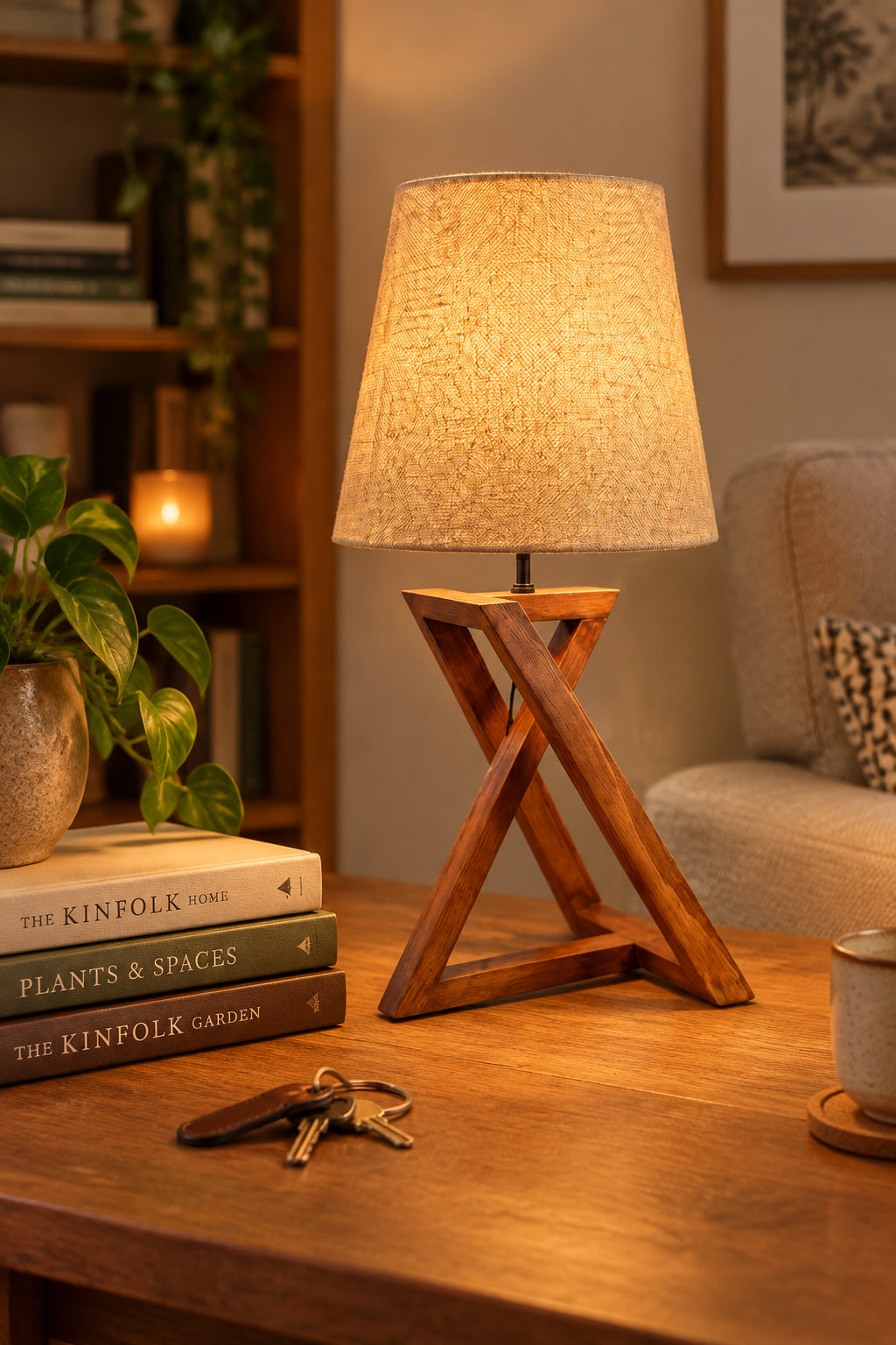 Pinewood Geometric X-Base Table Lamp with Woven Jute Shade-artycraftz.com