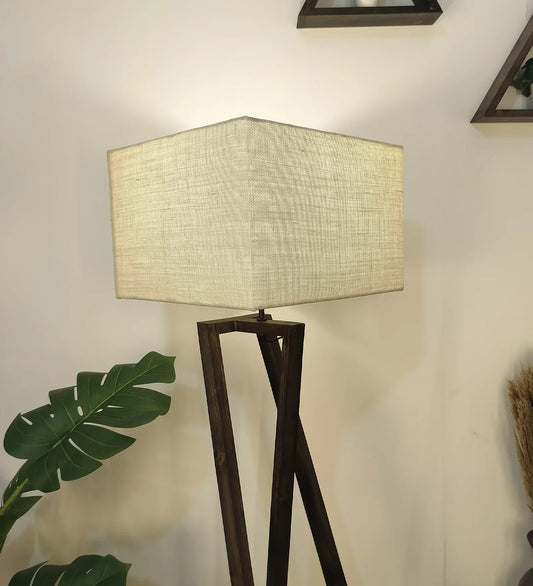 Catapult Wooden Floor Lamp with Brown Base and Beige Fabric Lampshade - ArtyCraftz.com