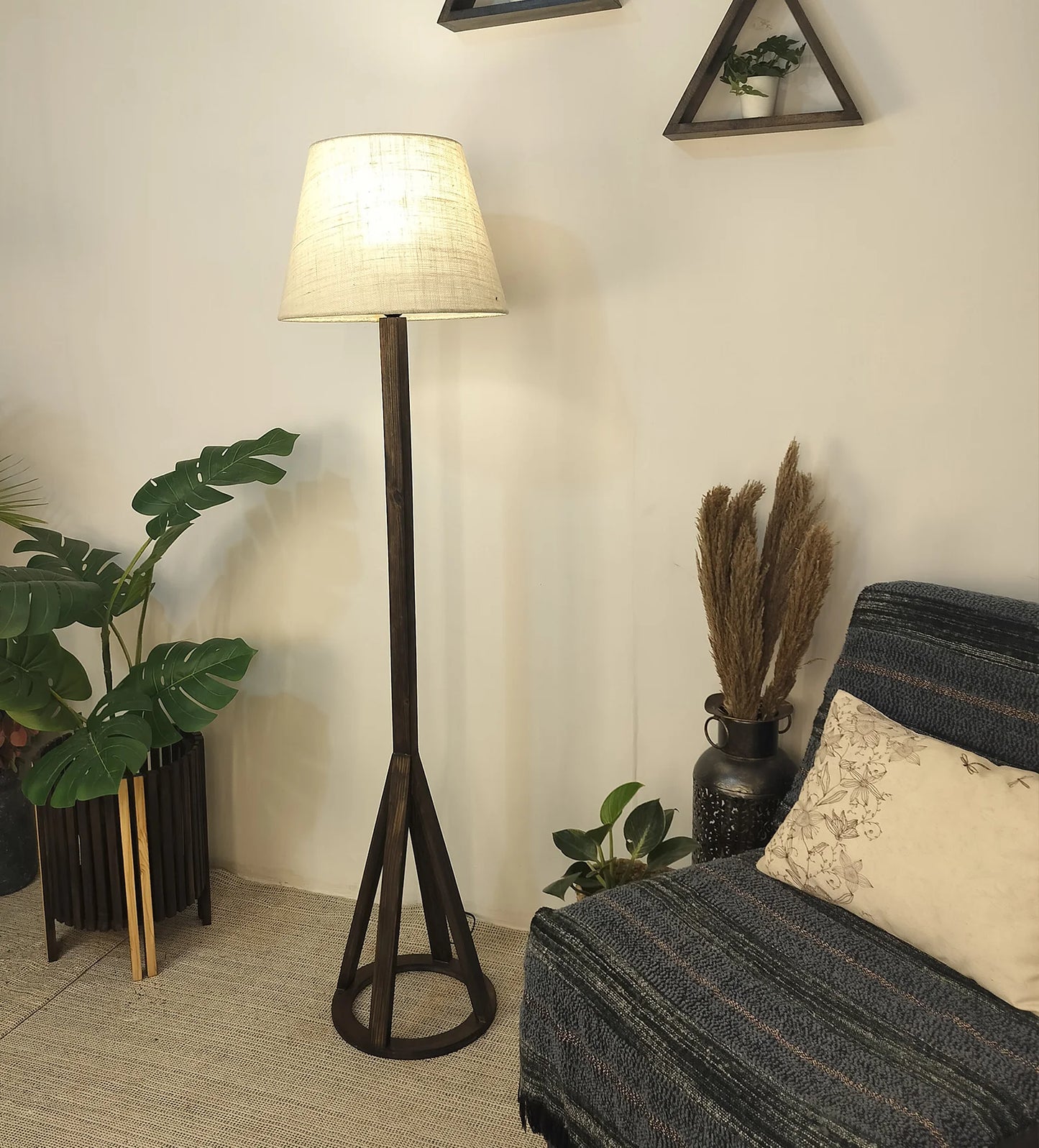 Celine Wooden Floor Lamp with Brown Base and Premium Beige Fabric Lampshade - ArtyCraftz.com