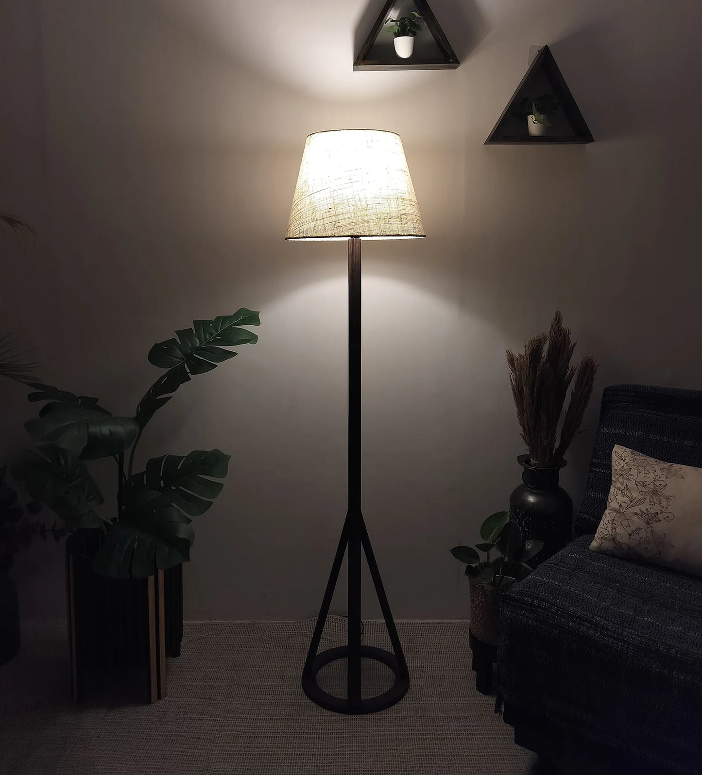 Celine Wooden Floor Lamp with Brown Base and Premium Beige Fabric Lampshade - ArtyCraftz.com