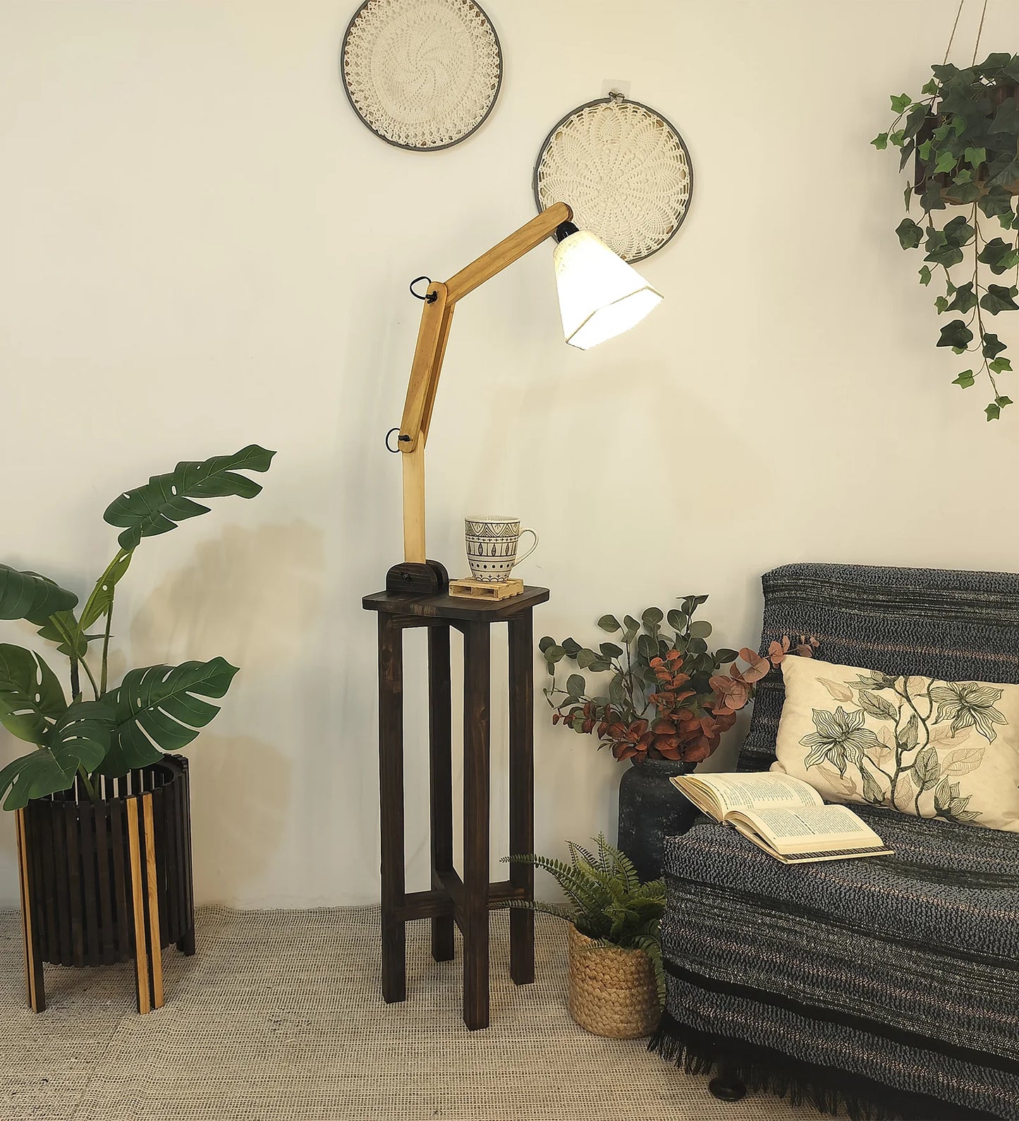 Centaur Wooden Floor Lamp with Beige Fabric Lampshade