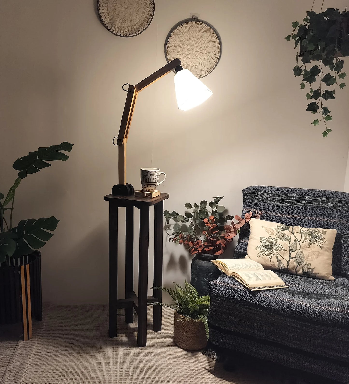 Centaur Wooden Floor Lamp with Beige Fabric Lampshade - ArtyCraftz.com