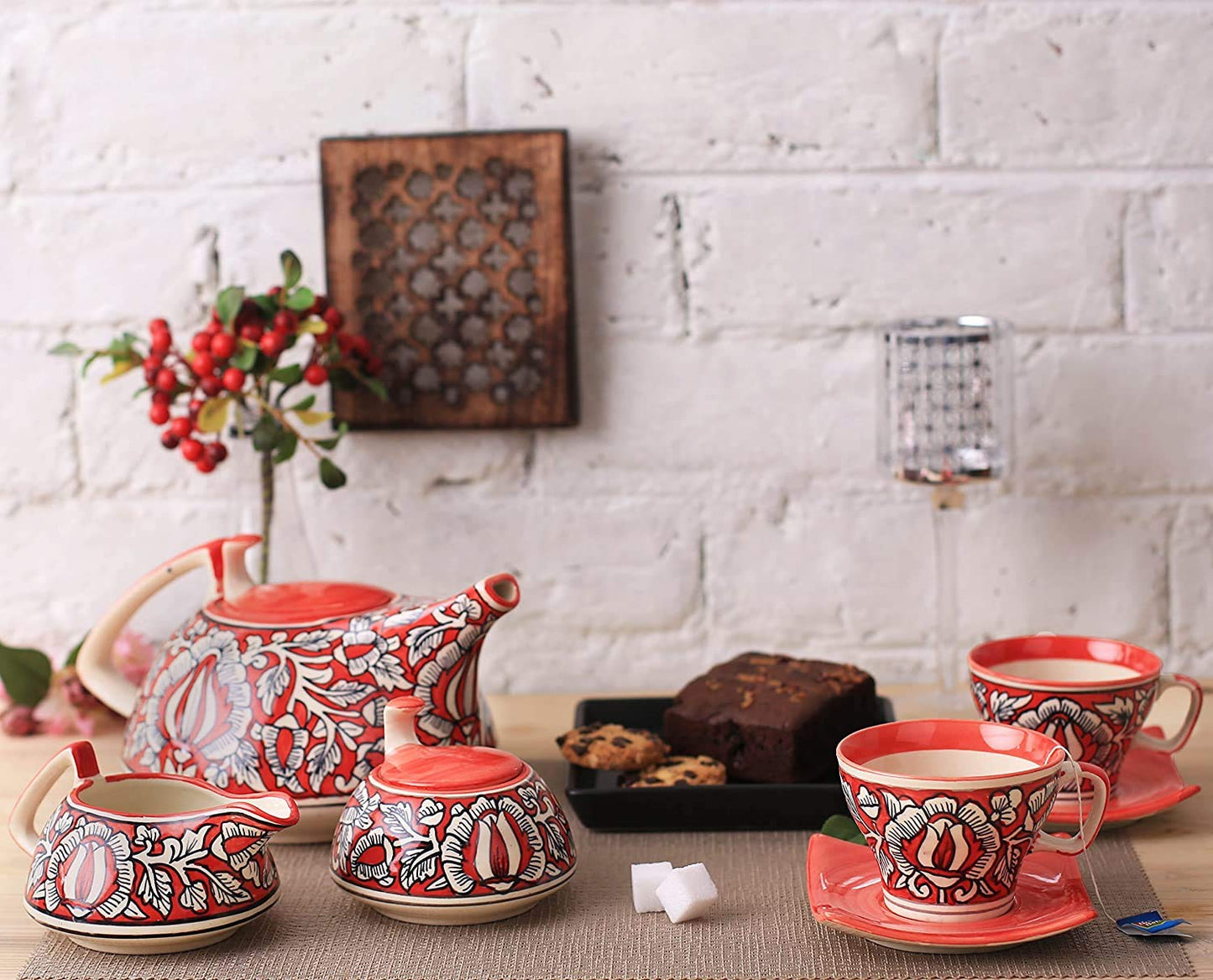 Teaset Handmade Ceramic/Stoneware in Red Mughal - Kettle, Sugar & Milk Container, Cups with Saucer - Set of 15 Pieces