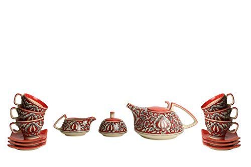 Teaset Handmade Ceramic/Stoneware in Red Mughal - Kettle, Sugar & Milk Container, Cups with Saucer - Set of 15 Pieces