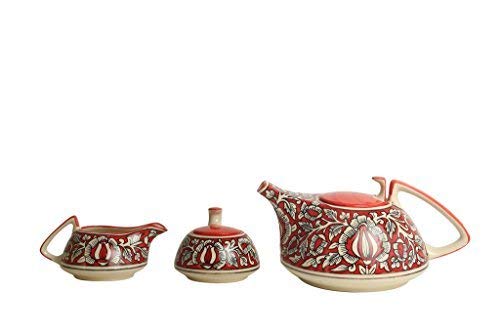 Teaset Handmade Ceramic/Stoneware in Red Mughal - Kettle, Sugar & Milk Container, Cups with Saucer - Set of 15 Pieces