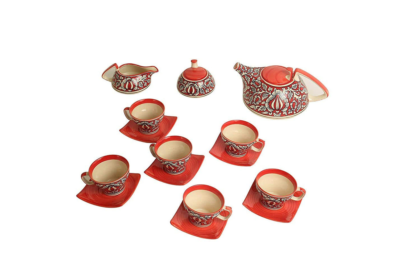 Teaset Handmade Ceramic/Stoneware in Red Mughal - Kettle, Sugar & Milk Container, Cups with Saucer - Set of 15 Pieces