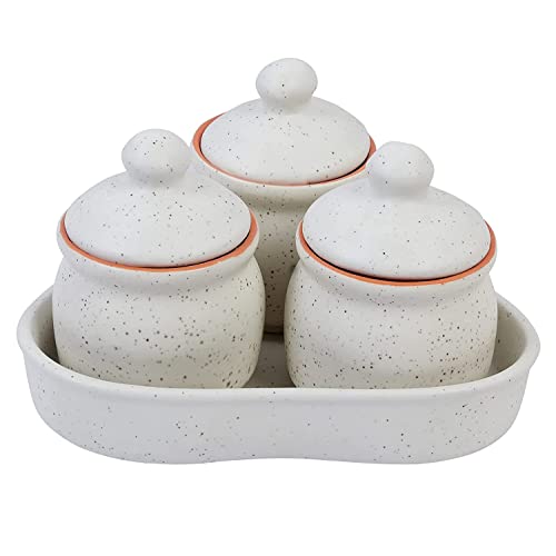 White Ceramic Storage Container with Lid & Tray Set of 3