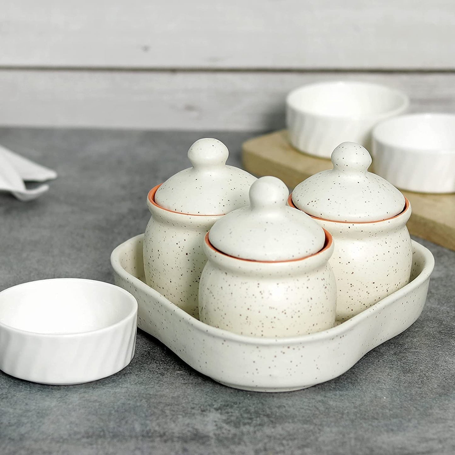 White Ceramic Storage Container with Lid & Tray Set of 3