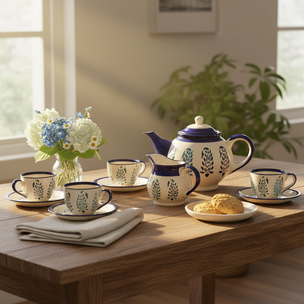 Ceramic Blue Boota Tea Set of 15 Pieces-ArtyCraftz.com
