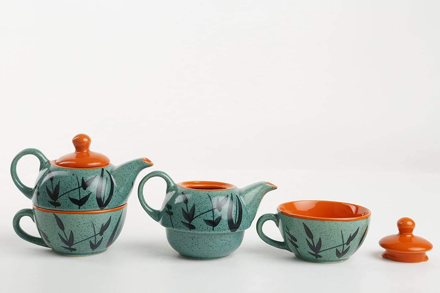 Ceramic Handmade Green & Orange Bamboo 2-in-1 Tea Pot – Kettle with Cup-ArtyCraftz.com