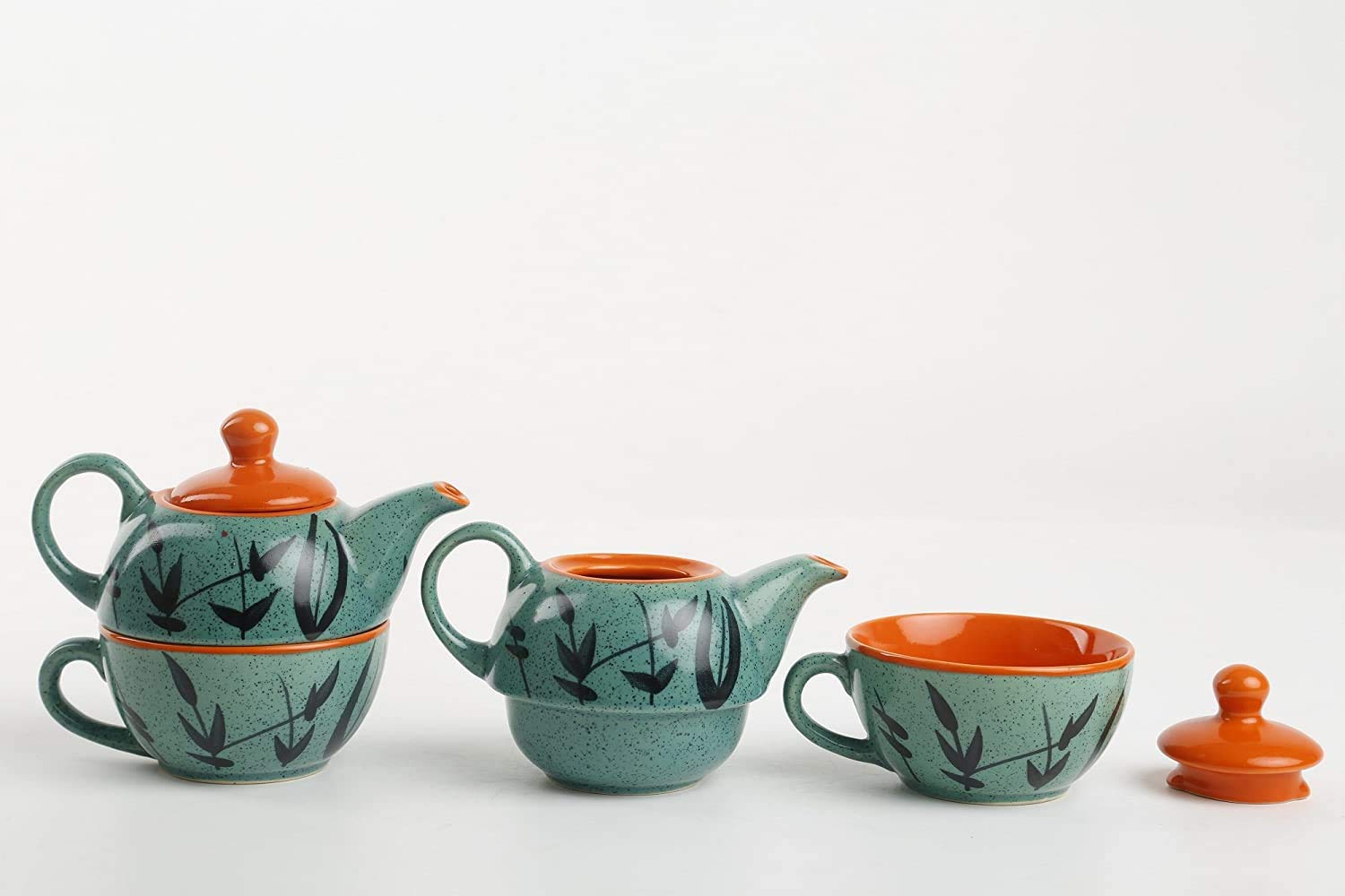 Ceramic Handmade Green & Orange Bamboo 2-in-1 Tea Pot – Kettle with Cup-ArtyCraftz.com