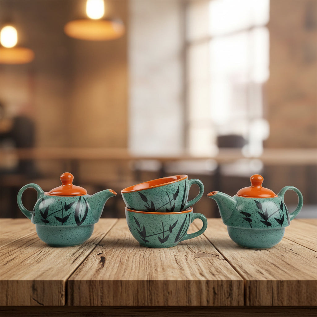 Ceramic Handmade Green & Orange Bamboo 2-in-1 Tea Pot – Kettle with Cup-ArtyCraftz.com