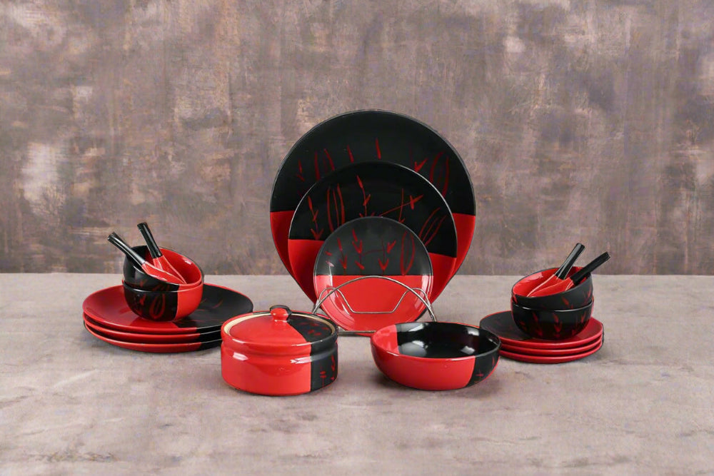 Ceramic Handmade Half Red & Black Bamboo Dinner Set-ArtyCraftz.com