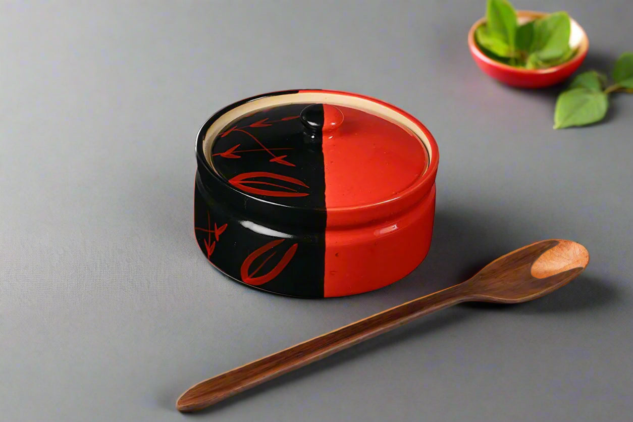 Ceramic Handmade Half Red & Black Bamboo Dinner Set-ArtyCraftz.com