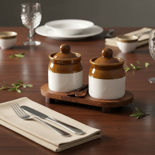 Ceramic Pickle Jars with lid for dining table with 2 Spoons Classic Design-ArtyCraftz.com