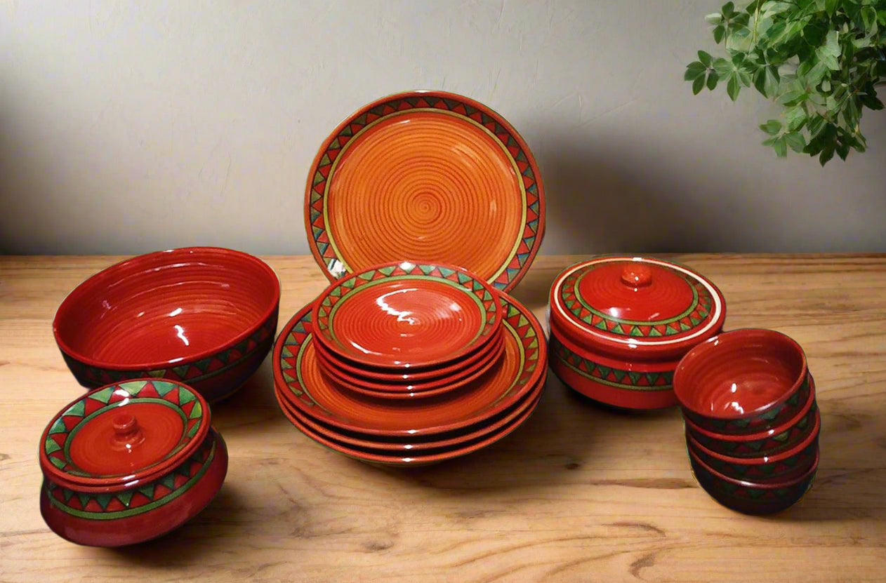 Ceramic Red Green Tribal Combo Dinner Set-ArtyCraftz.com