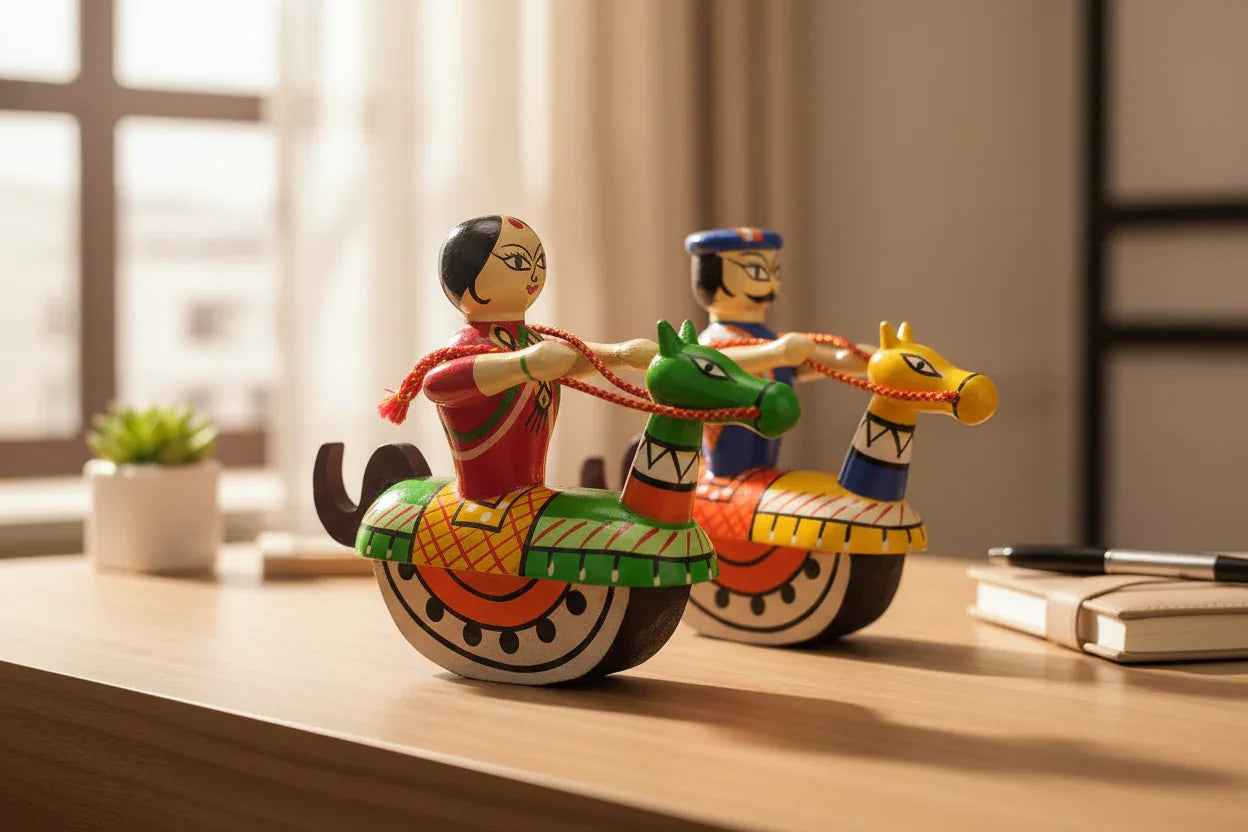 Channapatna Wooden Rocking Horse Procession Couple Dolls Showpiece